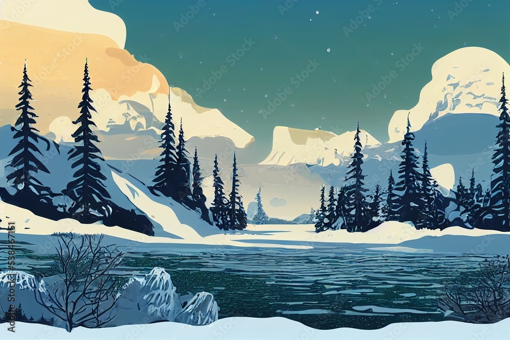 Nordic landscape with white mountains village and lake or sea shore ...