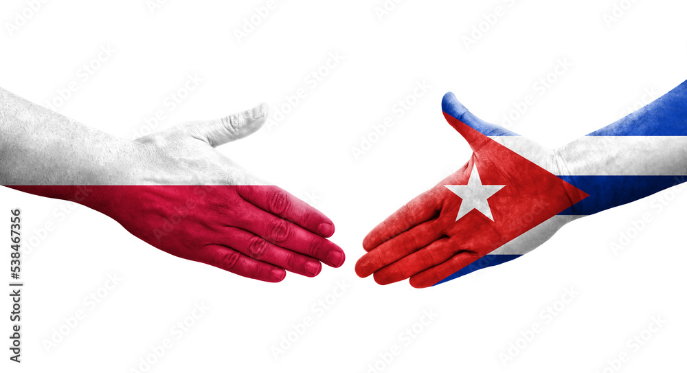 Handshake between Cuba and Poland flags painted on hands, isolated transparent image.