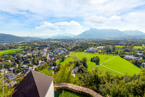 Canvas Print View of the city of Salzburg and the European Alps from the hilltop medieval Hohensalzburg Fortress Castle