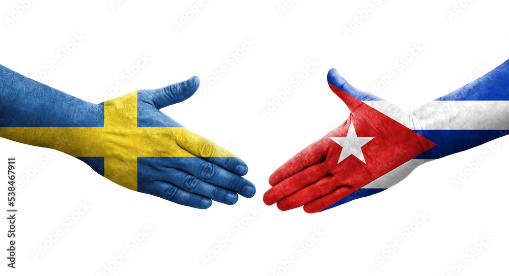Handshake between Cuba and Sweden flags painted on hands, isolated transparent image.