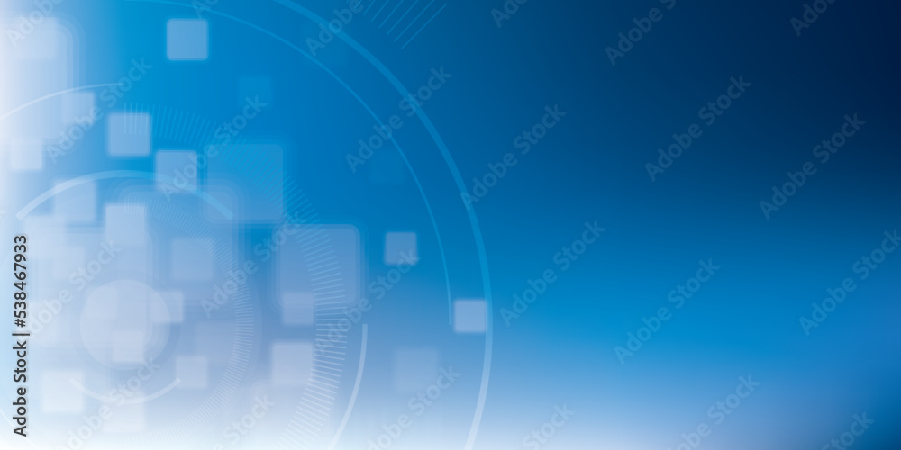 Abstract background with geometric tech shapes, blurred square shapes and parallel lines in a circle, background for the Internet banner. Blue scientific or medical background.