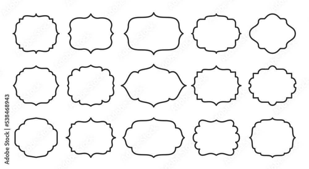 Obraz premium Label set, empty frame for card, certificate, menu. Line style different shape sticker template for jar, container, bottle, pack. Contour blank for text about product, sale info. Outline retro border