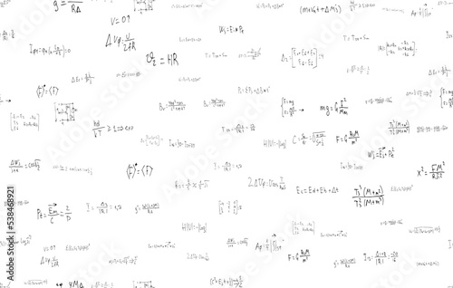 Formulas of astrophysics, quantum mechanics, radio circuits. Scientific, educational background on white. Hand drawn.