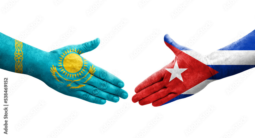 Handshake between Cuba and Kazakhstan flags painted on hands, isolated transparent image. Handshake between Cuba and Kazakhstan flags painted on hands, isolated transparent image.