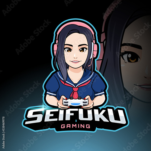 Kawaii cute gamer girl icon cartoon logo for gaming badge or streamer