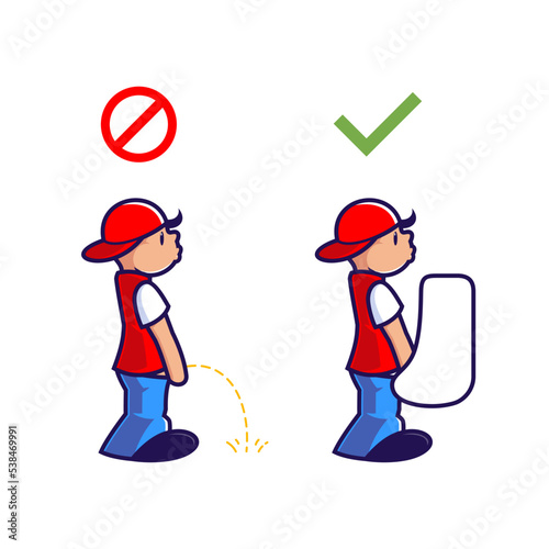 Boy taking pee instruction to do and do not cartoon illustration