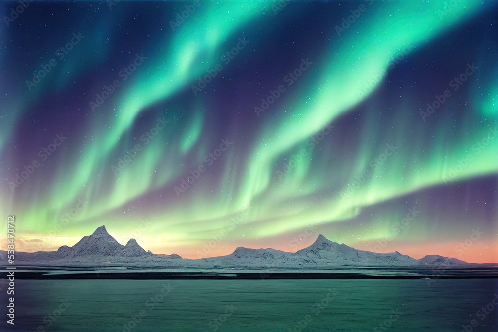 Aurora Borealis (The Northern Lights) over winter 2022-2023. Landscape image of gorgeous and bright arctic weather phenomenon with natural landscape in the foreground