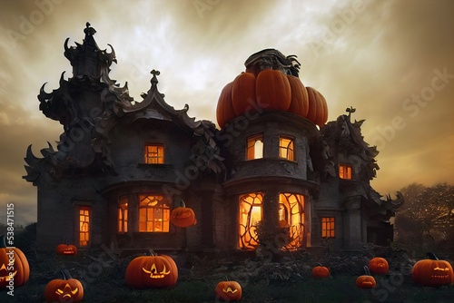 Murais de parede Halloween abandoned haunted house special haunted house with pumpkins jack o lanternn all around it, scary building