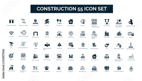 Construction icon, construction site, highway construction, construction worker, crane construction, icon construction vector illustration.