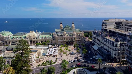 Aerial view of the famous city on the Mediterranean Sea, Monte Carlo casino in the city center, Marina Port Hercules, Europe landscape panorama from above MONTE CARLO, MONACO photo