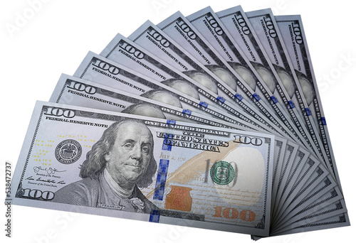 One Hundred Dollar American Dollar Bills  spread out CUTOUT ON WHITE BACKGROUND