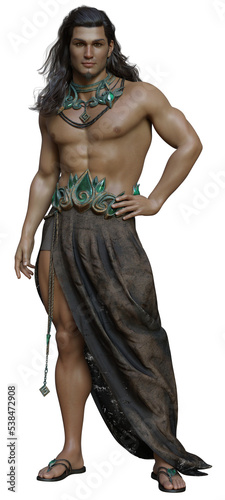 3D rendered handsome young man with bare chest and long hair wearing fantasy Mediterranean outfit on Transparent Background - 3D illustration
