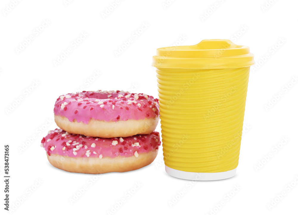 Two delicious donuts with sprinkles and hot drink isolated on white Two delicious donuts with sprinkles and hot drink isolated on white