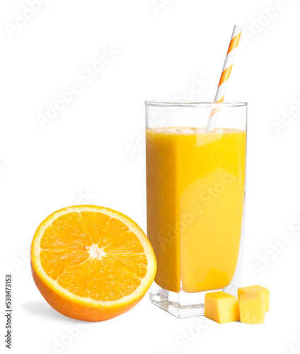 Glass of tasty smoothie and fresh fruits on white background