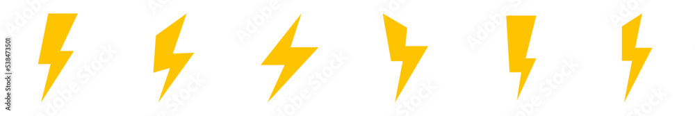 Fototapeta premium Conjunto de iconos de rayo amarillo. Relámpago, trueno, electricidad. Ilustración vectorial