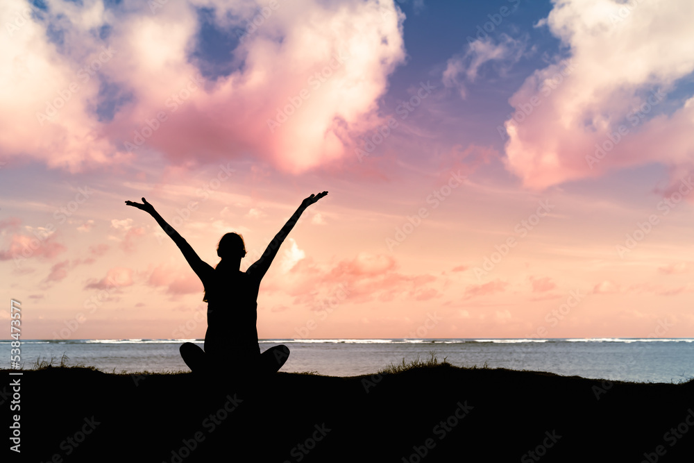 Young woman feeling happy and positive. Motivational concept.	
