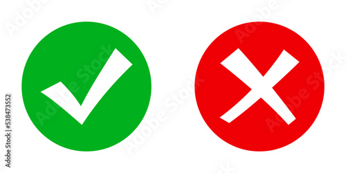 Conjunto de icono de marca de verificación y x sobre círculo. Ilustración vectorial