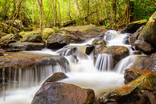 river background with small waterfalls in tropical forest.It flows from the rainforest mountain in the mountains of Nong Bua Lam Phu in Thailand is a beautiful landscape.