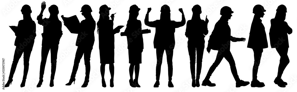 Silhouettes set of female workers with helmets. Vector flat style illustration isolated on white. Full length view Silhouettes set of female workers with helmets. Vector flat style illustration isolated on white. Full length view