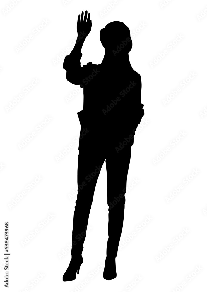 The silhouette of a female worker waving her hand wearing a helmet and a vest. Vector flat style illustration isolated on white. Full length view