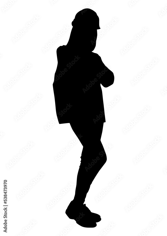 The silhouette of a female worker with crossed hands wearing a helmet and a vest. Vector flat style illustration isolated on white. Full length view