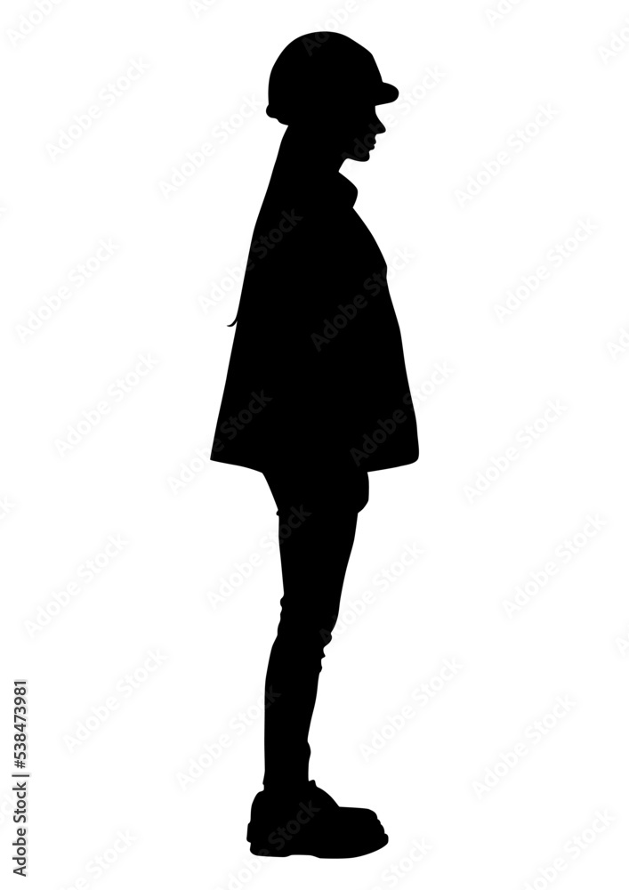 The silhouette of a female worker wearing a helmet and a vest. Vector flat style illustration isolated on white. Full length view