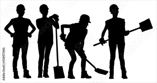 Silhouettes set of female workers with helmets. Vector flat style illustration isolated on white. Full length view