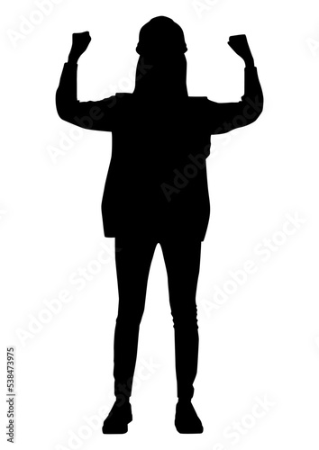 The silhouette of a strong lady raising two hands shows muscle wearing a helmet and a vest. Vector flat style illustration isolated on white. Full length view