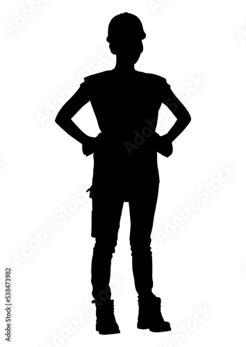 The silhouette of a female worker wearing a helmet, vest, and tool belt. Vector flat style illustration isolated on white. Full length view