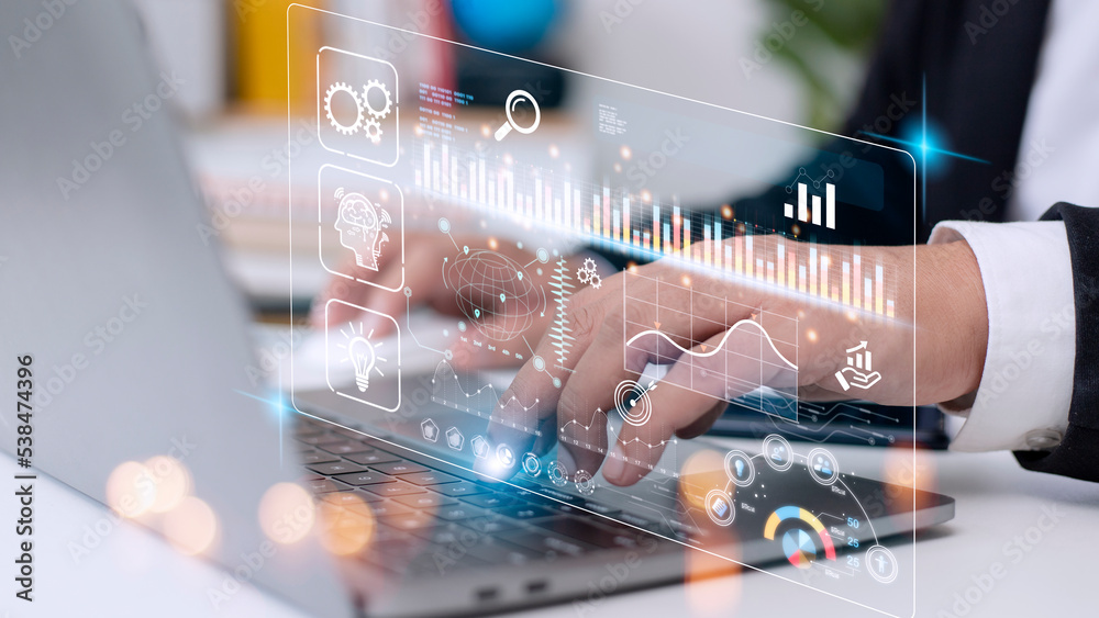 Data scientists. Man programmer using laptop analyzing and development ...