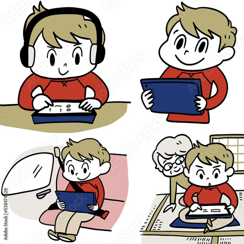 タブレット学習を楽しむ男の子
