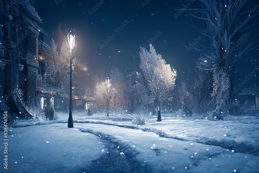 Winter Night in a City - computer generated image. 