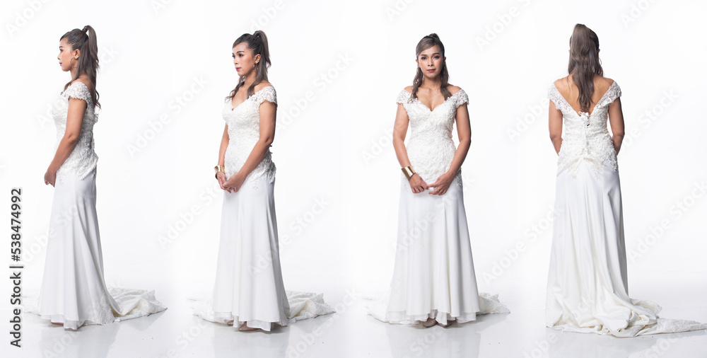Full length body Asian 40s 50s Woman wear White Lace Wedding Evening Gown dress high heel shoes. Grey Silver Hair Elegance Female stand poses fashion vintage 360 turn over white background isolated