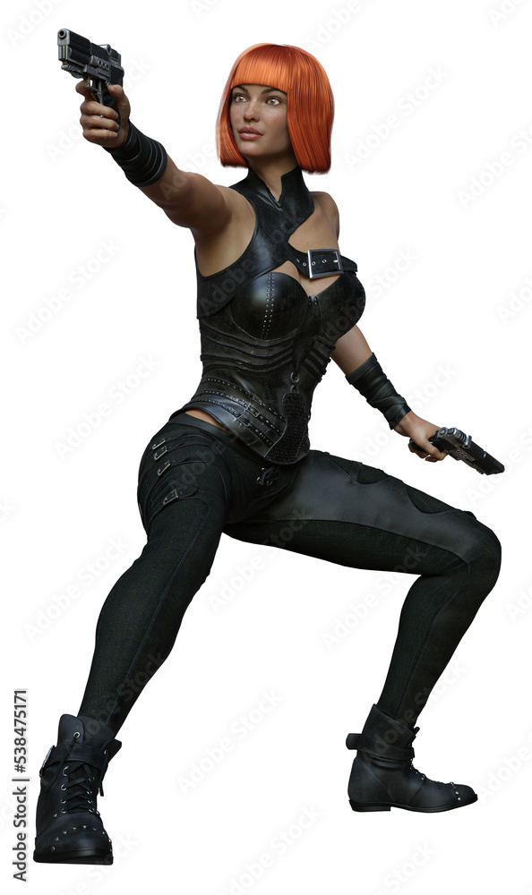 3D Rendered Female Redhead In Fighting Pose on Transparent Background Wearing Black Leather Suit and Weapon - 3D Illustration 3D Rendered Female Redhead In Fighting Pose on Transparent Background Wearing Black Leather Suit and Weapon - 3D Illustration