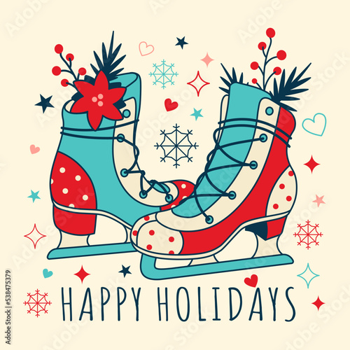 Vintage groovy Сhristmas print with figure skating equipment. Fun Retro Xmas Graphic Vector poster, card with Cozy winter concept and slogan