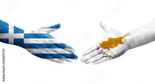 Handshake between Cyprus and Greece flags painted on hands  isolated transparent image.