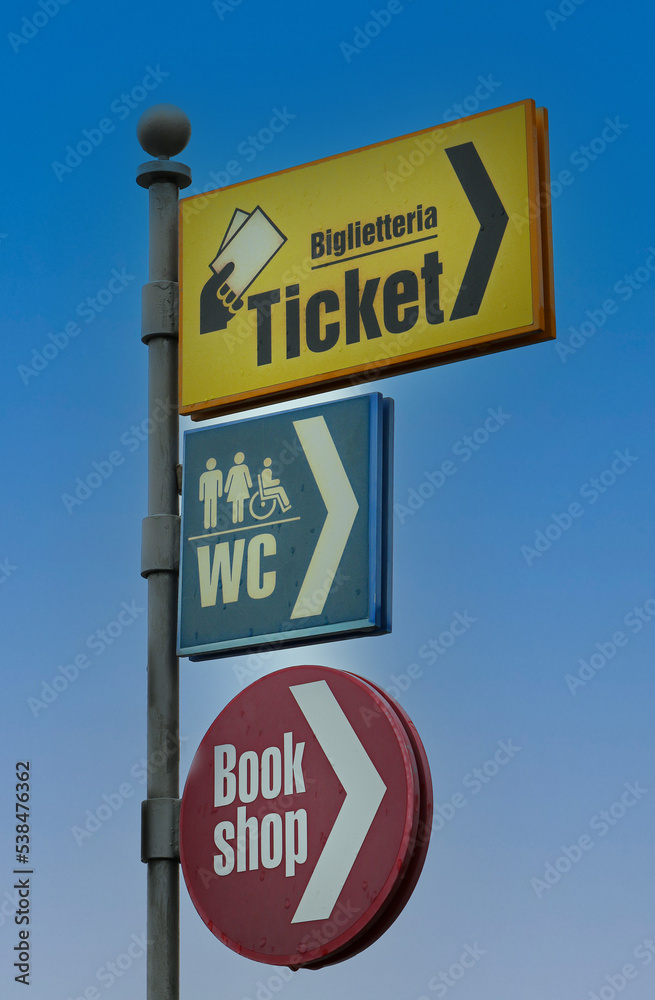 Guideposts on pole for tourists showing directions on travel destinations