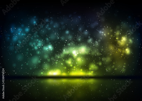 Colorful shiny bokeh lights with reflection abstract background. Vector design © saicle