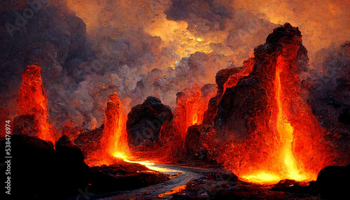 The scene of ancient lava and volcano clash