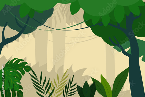 Flat jungle cartoon backgound design. with different types of trees and plants. Wildlife panoramic view vector illustration
