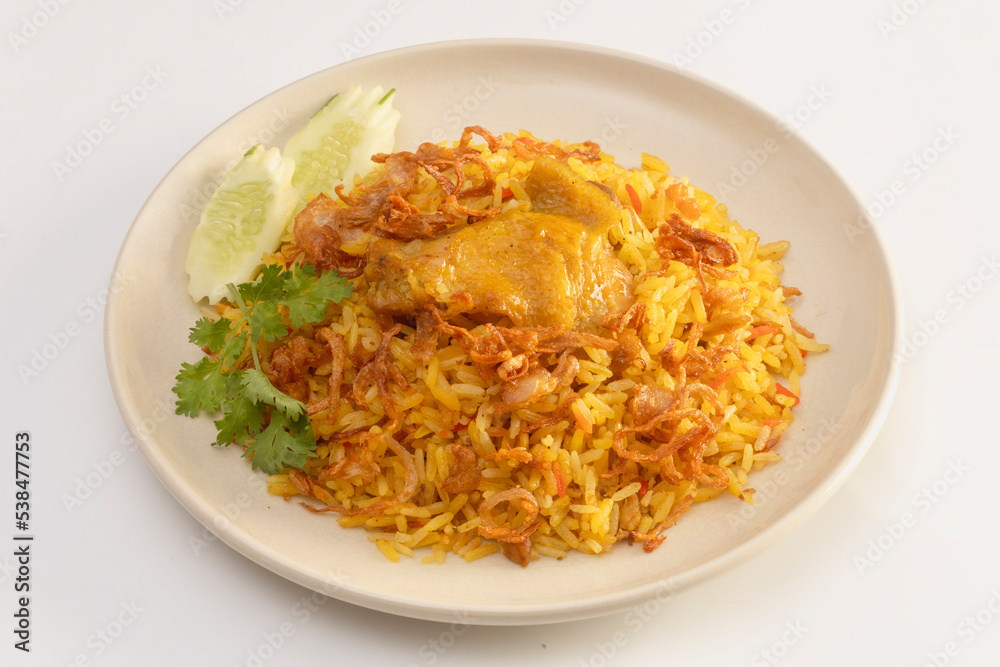 Biryani chicken, with basmati rice, fried onion, fresh cilantro Biryani chicken, with basmati rice, fried onion, fresh cilantro