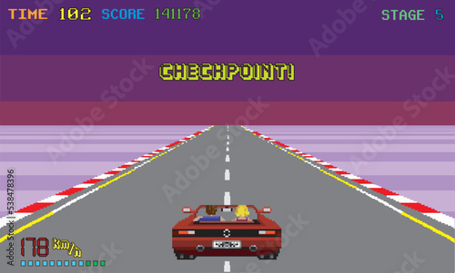 Pixelated retro arcade racing car formula. pixel sunset background