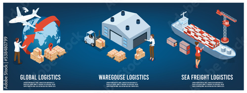3D isometric Global logistics network concept with Transportation operation service, Export, Import, Cargo, Air, Road, Maritime delivery. Vector illustration EPS 10