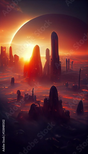 Alien city, scifi, science fiction, other worlds, alien civilization, other planets, sci-fi cities, surreal buildings, intergalactic cities alien planet, landscape architecture UFO (generative AI, AI) #538481302