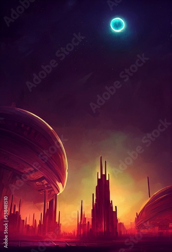 Alien city of the future energy beam scifi tower science fiction other worlds civilization planets sci-fi cities surreal buildings intergalactic planet landscape, architecture 9:16 (generative AI, AI) #538481510