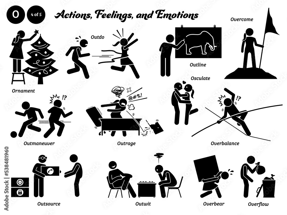 Stick figure human people man action, feelings, and emotions icons alphabet O. Ornament, outdo, outline, overcome, outmaneuver, outrage, osculate, overbalance, outsource, outwit, overbear, overflow...