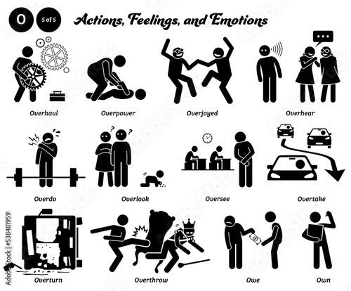 Stick figure human people man action, feelings, and emotions icons alphabet O. Overhaul, overpower, overjoyed, overhear, overdo, overlook, oversee, overtake, overturn, overthrow, owe, and own...