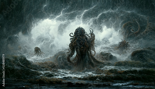 Kraken or an octopus monster in the middle of the dark ocean with black clouds above the sky adds to the scary impression.