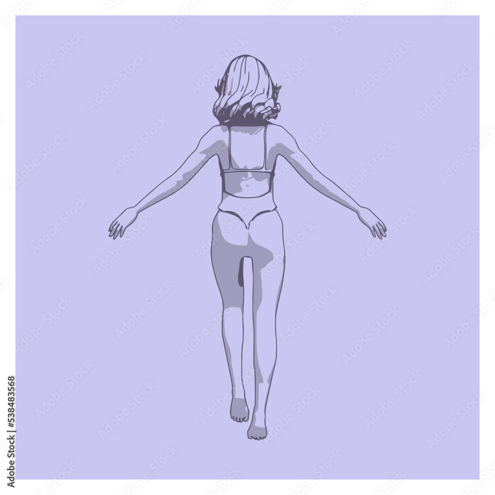Illustration of a beautiful fashion model posing in a stylish swimsuit. Young attractive woman in bikini. Sketch style outline. Back view