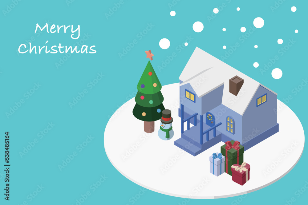 クリスマスツリーと雪だるまが飾られた、雪の積もった家とクリスマスプレゼントのアイソメトリックイラスト。.